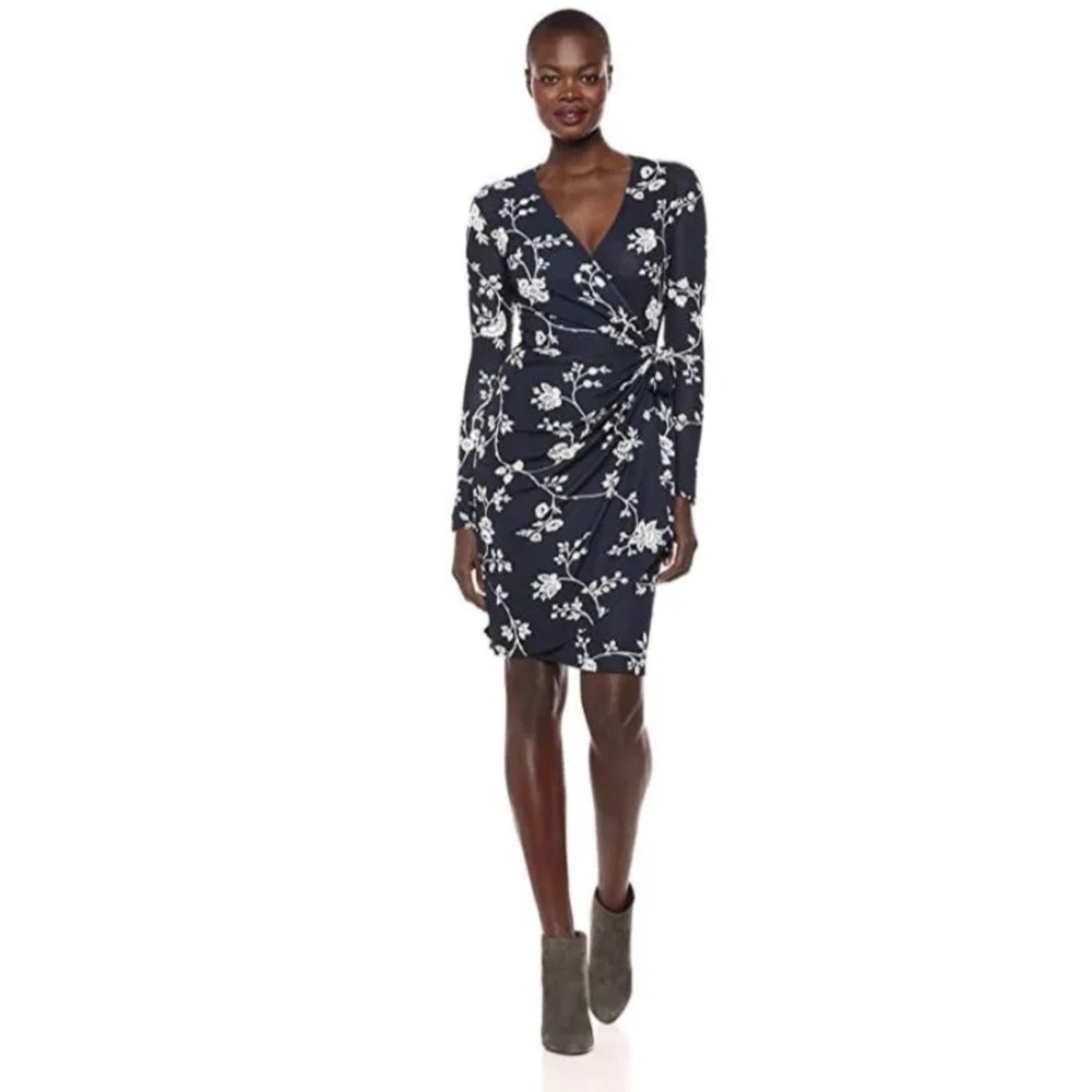 Lark & Ro Navy Blue Floral Long Sleeve Faux Wrap Dress Size L Jersey Knit